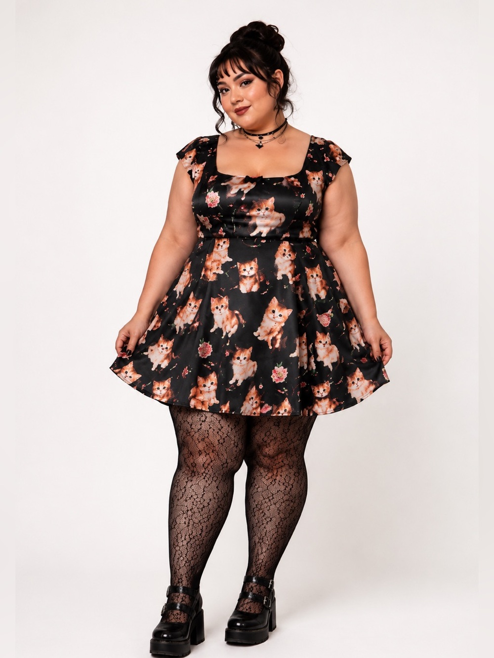 Cider Dress 2XL Black Kitten Cat Print Satin Coquette Lace Trim Mini Dress